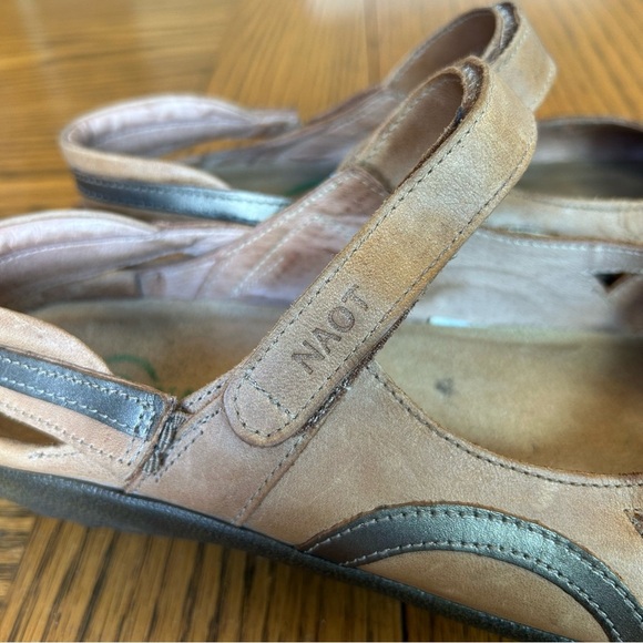 Naot Brown and Metallic Gray Leather Mary Jane Flats Heel & Ankle Velcro Straps